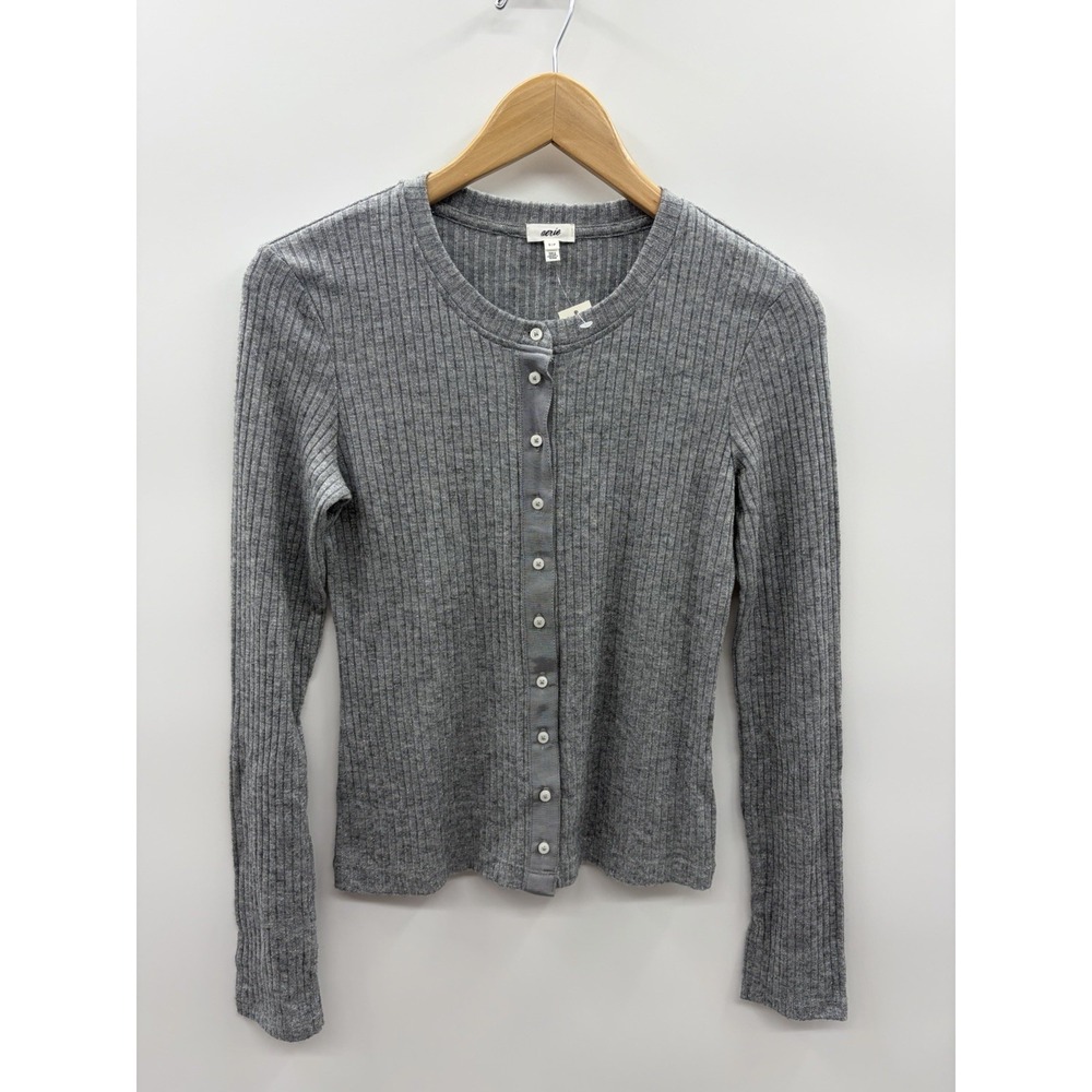 Aerie‎ Womens Size Small Long Sleeve Ribbed Button Down Cardigan in Gray 1807